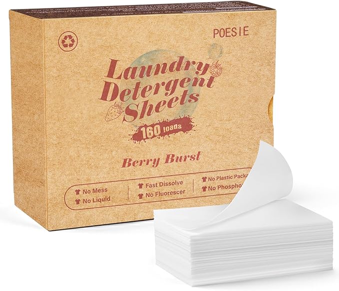 Poesie Laundry Detergent Sheet Berry Burst Scent 160 Sheets No Plastic Jugs No Messy Liquid Powder Camping Travel RV Trip Laundry Cleaning Sheet for Hand Wash Machine Wash-Ruum Studio Home