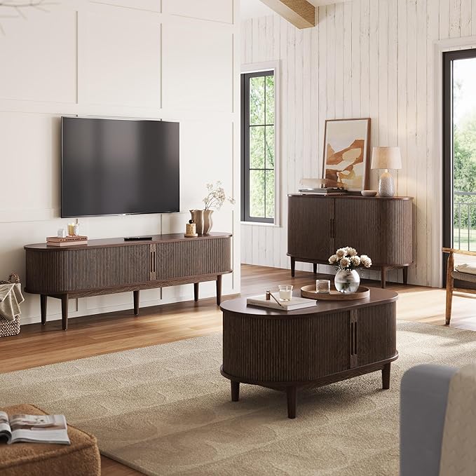 LINSY HOME Fluted TV Stand for 75" TV, Mid-Century Modern 70" Entertainment Center with Sliding Tambour Door and Storage Cabinet, Cruved TV Media Console Table for Living Room, Bedroom, Walnut-Ruum Studio Home