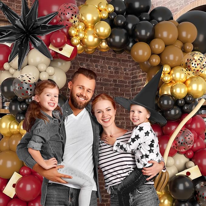 Amandir Magical School Balloons Arch Garland Kit, Maroon Burgundy Black Gold Confetti Balloons with Witch Hat Foil Star Balloon for Magic Themed Birthday Decorations Baby Shower Party Supplies-Ruum Studio Home