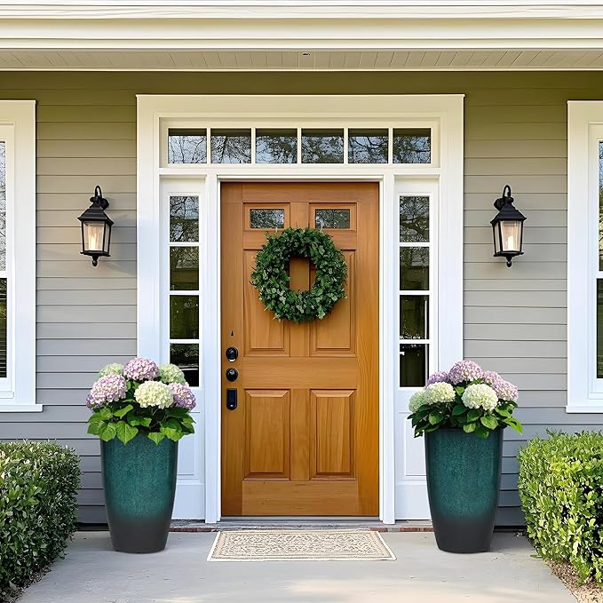 Tall Outdoor Planters, Set of 2 Large Flower Pots for Outdoor Plants, with Gradient Turquoise Finish, Weather-Resistant for Porch, Garden, Patio-Ruum Studio Home