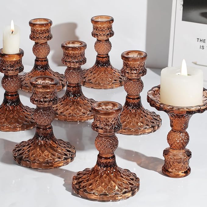 12Pcs Amber Candlestick Holders Set- 4" H Taper Candle Holders Bulk, Glass Candle Holders for Wedding, Party, Fall Dinner Table Centerpieces, Festival Gifts & Windowsill Decor-Ruum Studio Home