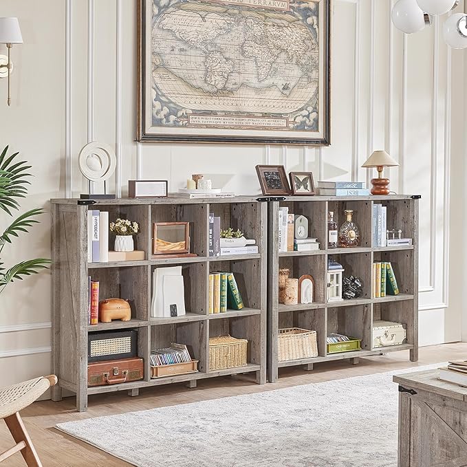 9 Cube Bookcase, Farmhouse 47 Inch Wide Grey Oak Bookshelf, Wooden 3 Tier Display Large Open Book Shelf, Vintage Horizontal Book Case for Home Office, Cubby Storage Cabinet for Living Room-Ruum Studio Home