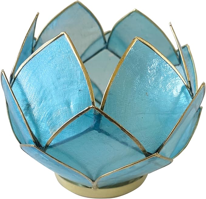 Blooming Lotus Capiz Shell Tealight Candle Holder, Handcrafted Decorative Tea Light Candleholder with Translucent Flower Petals for Ambient Illumination and Natural Elegance, Aquamarine-Ruum Studio Home