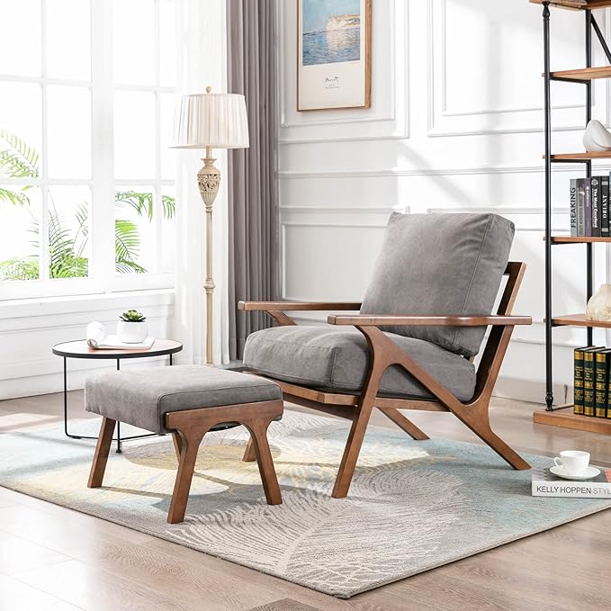 Wahson Mid Century Arm Chair and Ottoman Set, Upholstered Accent Armchair with Wood Frame and Canvas Cushions, Leisure Slipper Chair for Living Room/Bedroom, Grey-Ruum Studio Home