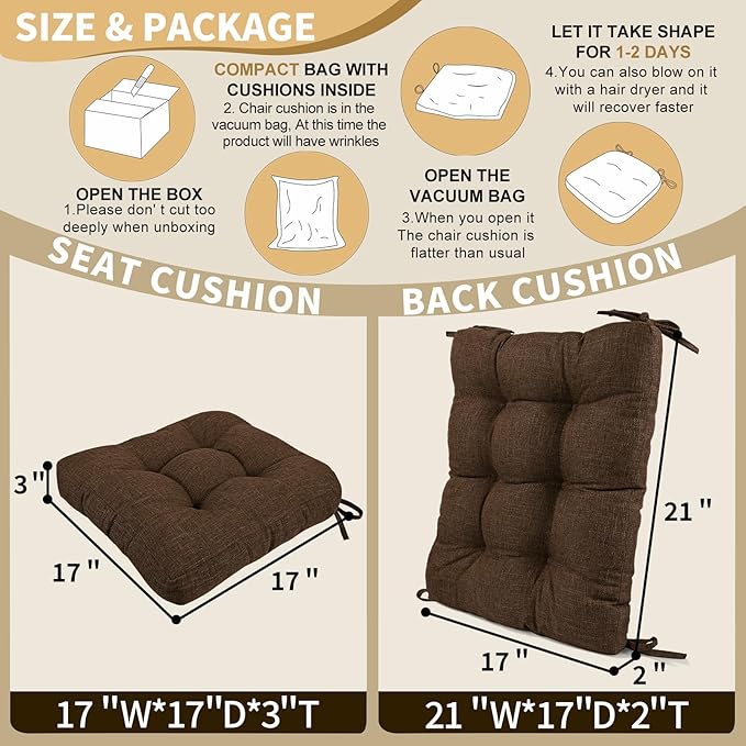 BUYUE Chair Cushion Set for Rocking Chair, Back Pillow & Seat Cushion with Ties, Original Woven Fabric Non-Slip Chair Pads for Elderly Sitting, Chocolate-Ruum Studio Home