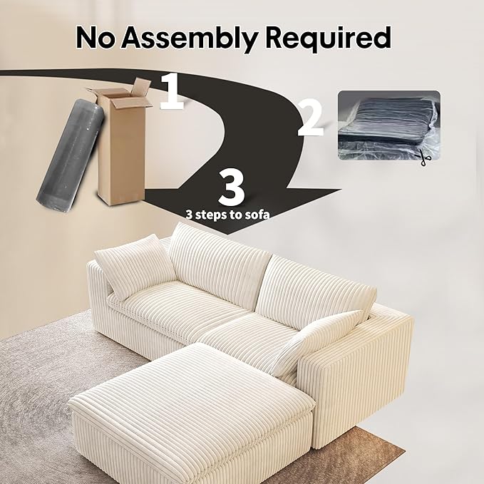 78.74" L Shaped Modern Sofa Modular Sectional Cloud Couch with Ottoman,Upholstered Couches with Plush Corduroy Fabric for Living Room Furniture,Bedroom and Apartment,No Assembly Required,White-Ruum Studio Home