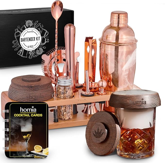 Bartender Kit with Whiskey Smoker - 13 pcs, Bamboo Stand - Bar Set with Cocktail Shaker, Bartending Kit with Essential Bar Accessory Tools, Wood Chips, Pink Gold-Ruum Studio Home