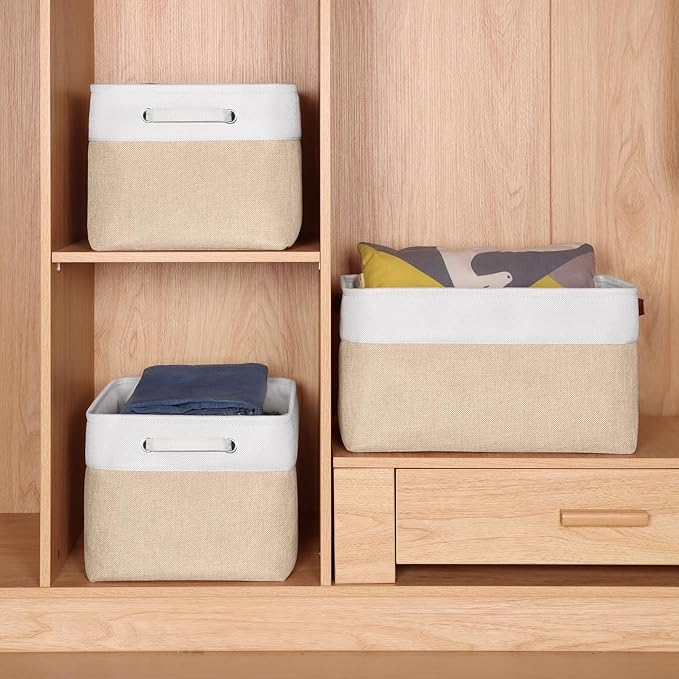 Kntiwiwo Large Fabric Foldable Storage Bin 17" x 11.8" x 9.8" Storage Baskets with Handle Large Cube Storage boxes for Closet, Shelves, Home, Set of 3, Beige-Ruum Studio Home