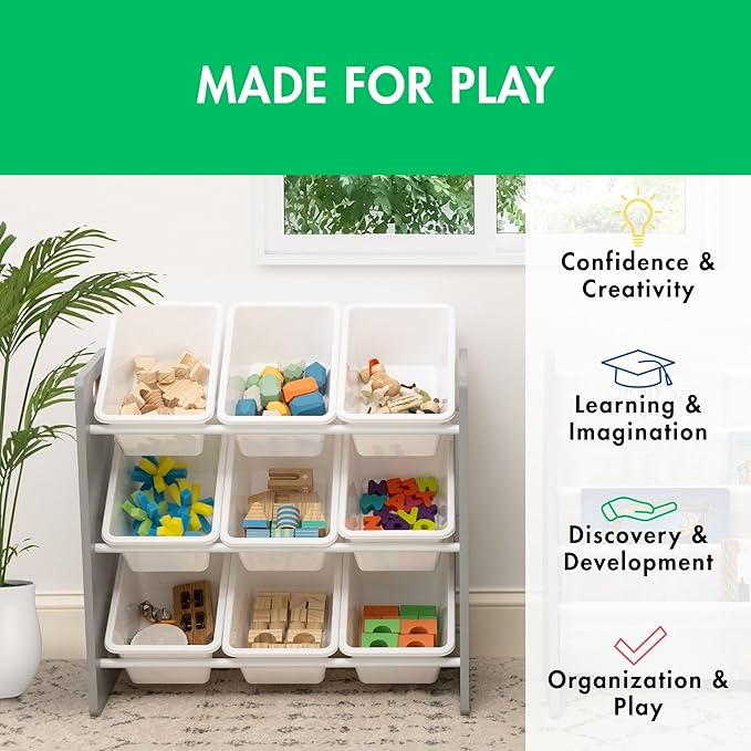 Humble Crew 9-Bin Toy Organizer – Inspire Grey with White Plastic Bins, 3-Tier Storage Solution for Kids' Playrooms and Nurseries-Ruum Studio Home