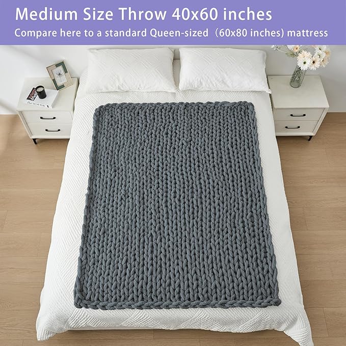 Bigacogo Chunky Knit Throw Blanket for Couch, 40x60 inches, 100% Hand Knitted with Thick Jumbo Chenille Yarn, Cozy Soft Large Rope Knot Cable Crochet Blankets for Sofa Bed Living Room, Iron Gray-Ruum Studio Home