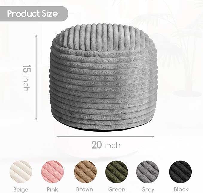 HIGOGOGO Round Stuffed Pouf Ottoman, Stripe Faux Fur Poufs with Foam Chunk Filling, Furry and Fluffy Pouf Foot Stool Storage Ottoman, 20 X 15 Floor Poufs Foot Rest for Living Room, Grey-Ruum Studio Home