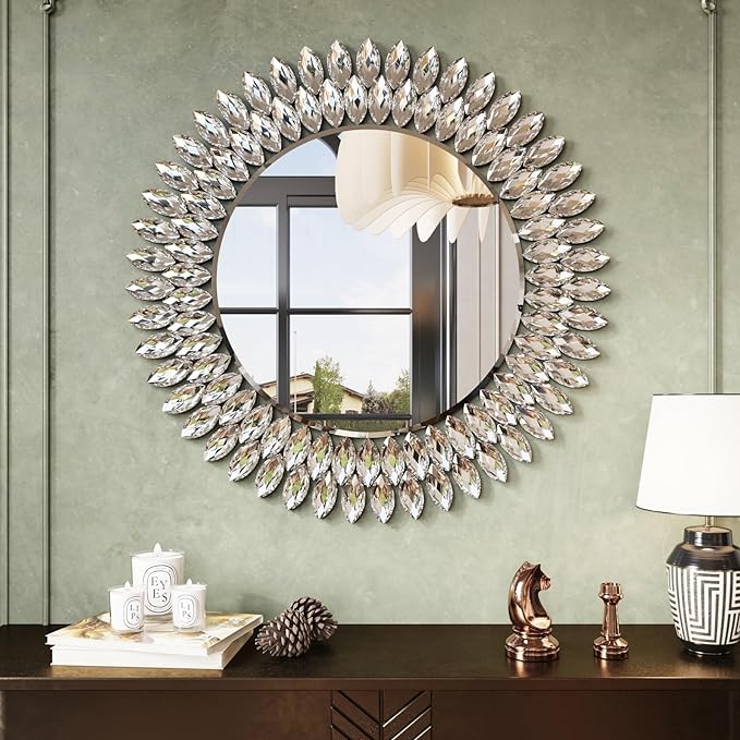Kelly Miller Round Jeweled Mirror for Wall Decor, 26 in Modern Decorative Wall Mirror with Luxury Diamonds Beveled Vanity Mirror for Bedroom Dresser, Living Room Table, Bathroom, Hallway, Entryway-Ruum Studio Home