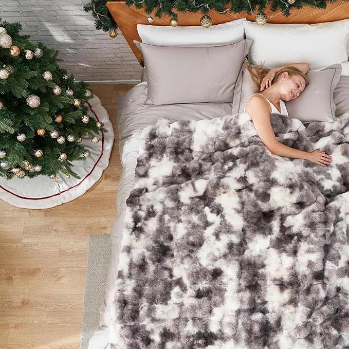Cozy Bliss Faux Fur Throw Blanket for Couch, Fuzzy Soft Plush Thick Bubble Blanket for Sofa Bedroom Living Room, 108 * 90 Inches Tie Dye Taupe-Ruum Studio Home