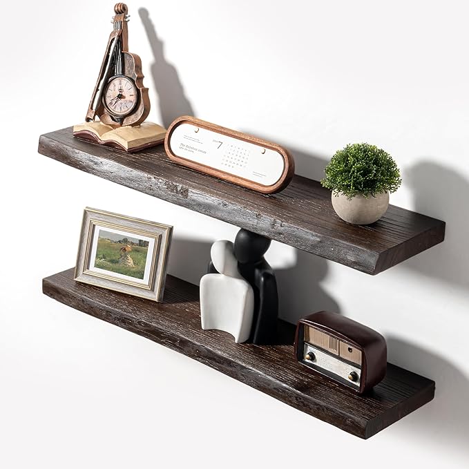 Axeman 36 inch Floating Shelves for Wall - 8'' D Live Edge Rustic Solid Elm Wood Floating Shelves Wall Mounted, Wall Shelves with Invisible Bracket for Living Room Bedroom Kitchen, Set of 2 Walnut-Ruum Studio Home