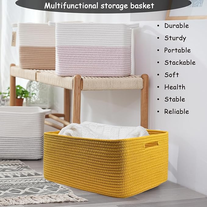 COMFY-HOMI Cotton Rope Woven Basket with Handles for Shelves,Toys,Book, Cloth Storage Baskets for Organizing-17" x 13" x 7.5" Toy Decorative Organizer for Living Room, Bathroom （Yellow）-Ruum Studio Home