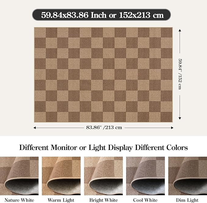 Lahome Checkered Easy Jute Living Room Rugs, 5x7 Large Dining Room Office Carpet Farmhouse Washable Area Rug, Checkerboard Neutral Non Slip Indoor Outdoor Carpet for Bedroom Entry Patio-Ruum Studio Home