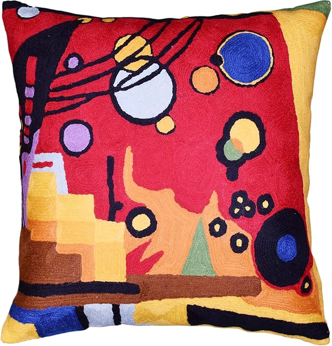 Kandinsky Contemporary Throw Pillow Cover - Heavy Red Space Modern Cushion | Abstract Throw Pillows | Contemporary Pillow | Abstract Chair Cushions | Hand Embroidered Cushion | Wool Size 18x18-Ruum Studio Home