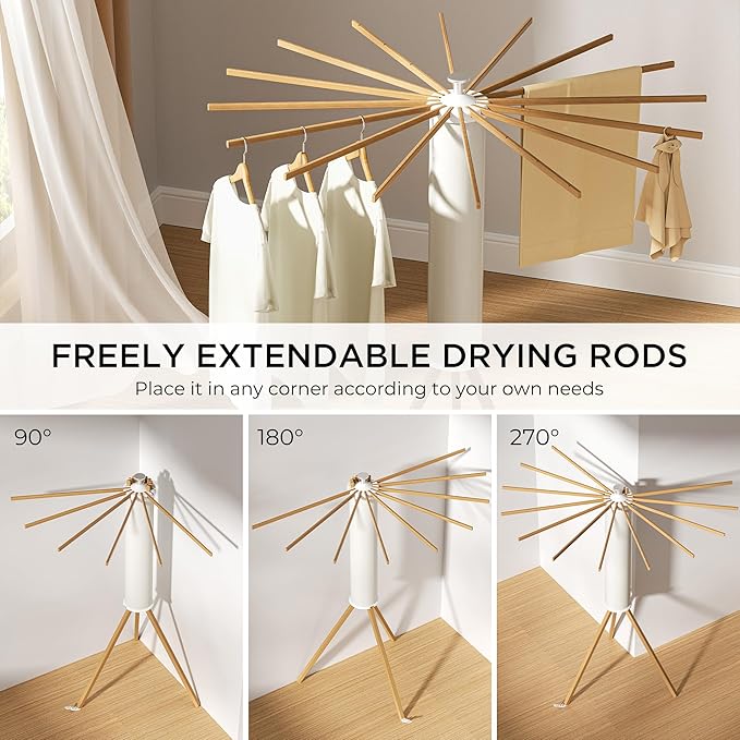 Tripod Clothes Drying Rack, Garment Rack Portable and Foldable Space Saving Laundry Drying Rack - Dryer Rack Clothing Floor Folding Balcony Bedroom Household (Beige(Wood), 16 rods)-Ruum Studio Home