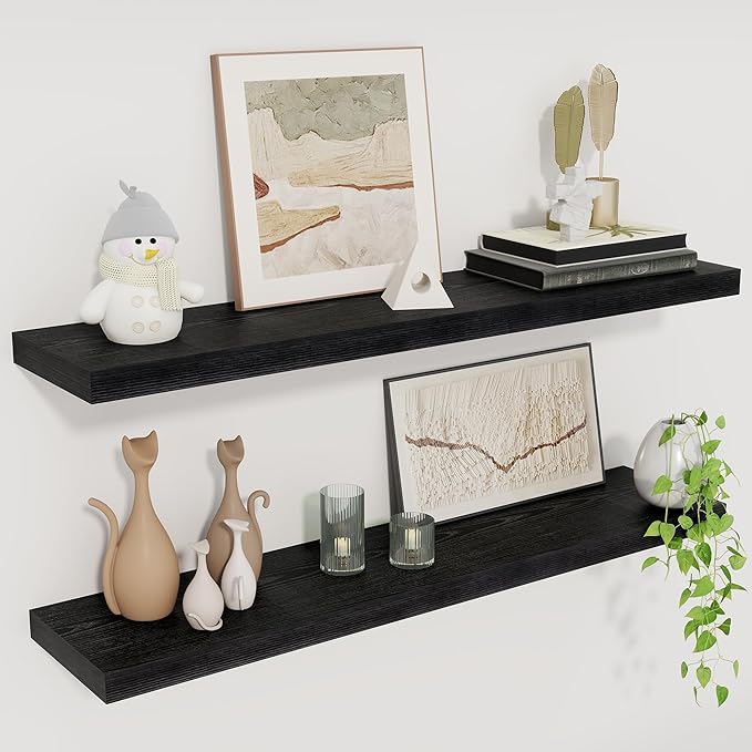 Fun Memories Floating Shelves for Wall, 30" Rustic Wood Deep Wall Mounted Shelves with Invisible Brackets for Decor & Storage, Floating Shelf for Living Room, Bathroom (Black, Set of 2)-Ruum Studio Home