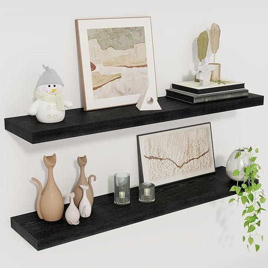 Fun Memories Floating Shelves for Wall, 30" Rustic Wood Deep Wall Mounted Shelves with Invisible Brackets for Decor & Storage, Floating Shelf for Living Room, Bathroom (Black, Set of 2)-Ruum Studio Home
