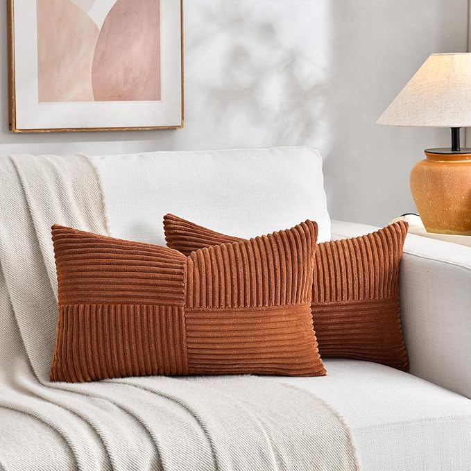 Fancy Homi 2 Packs Rust Lumbar Decorative Throw Pillow Covers 14x24 Inch for Couch Bed Sofa, Rustic Farmhouse Boho Home Decor, Soft Striped Corduroy Rectangle Accent Terracotta Cushion Case 35x60 cm-Ruum Studio Home