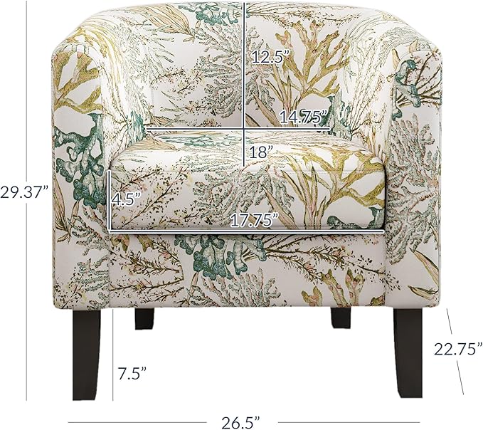 BELLEZE Living Room Chairs Set of 2, Linen Round Accent Barrel Chairs, Club Tub Sofa Chairs for Bedroom, Corner Chairs with Flared Legs and Cozy Soft Padding - Highland (Green Coral)-Ruum Studio Home
