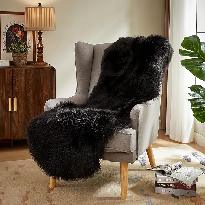 AMTOVO Faux Sheepskin Rug, Black Ultra Soft Fluffy Shag Area Rug, 2 x 6 ft Faux Fur Rug for Bedroom Sofa Throw Cushion Room Decor, Sheepskin-Ruum Studio Home