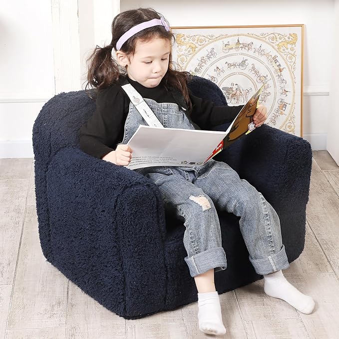Kids Snuggly-Soft Sherpa Chair, Cuddly Toddler Foam Chair for Boys and Girls, Dark Blue-Ruum Studio Home