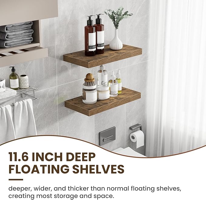 24 Inch Floating Shelves, 12 Inch Deep Floating Shelves for Wall, Floating Shelf with Invisible Brackets, Deep Shelves for Bathroom, Bedroom, Living Room, 2 Pack, Brown-Ruum Studio Home