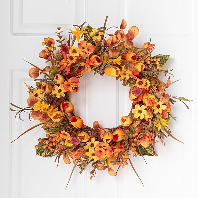 18 Inches Fall Wreaths for Front Door Rustic Autumn Wreath Farmhouse Fall Floral Wreaths with Tulips Phalaenopsis Orange Wildflowers for Wall Window Porch Indoor Outside Decor-Ruum Studio Home