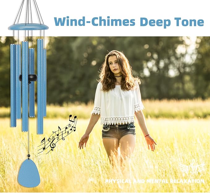 Wind-Chimes-Outdoor-Deep-Tone, Large Soothing Melodic Tones Mobile Windchimes, Wind Chimes for Outside, Memorial Wind Chime Best Gift for Mom Women Grandma Neighbors(32" Blue Coated Aluminum)-Ruum Studio Home