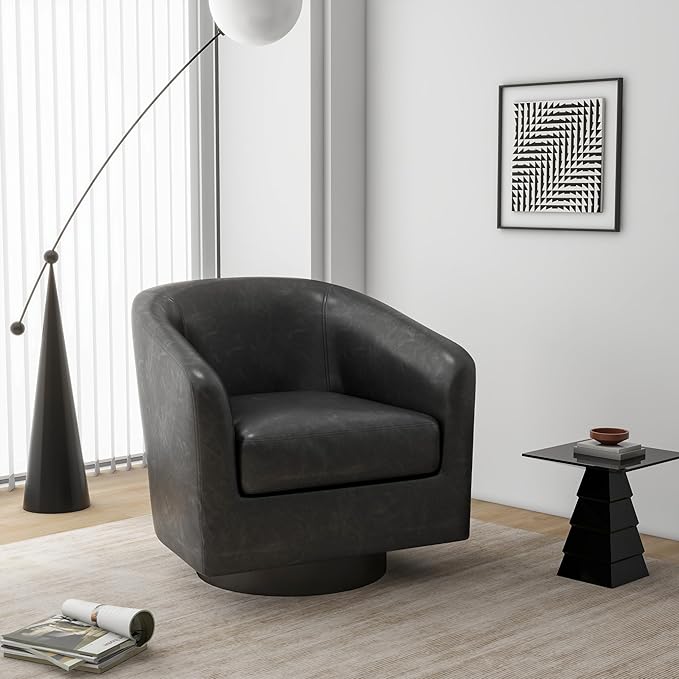 Swivel Barrel Accent Chair, Modern Round Faux Leather Arm Chair for Living Room, Bedroom, Comfy Club Reading Chairs for Adults(Faux Leather, Black Grey, Set of 1)-Ruum Studio Home