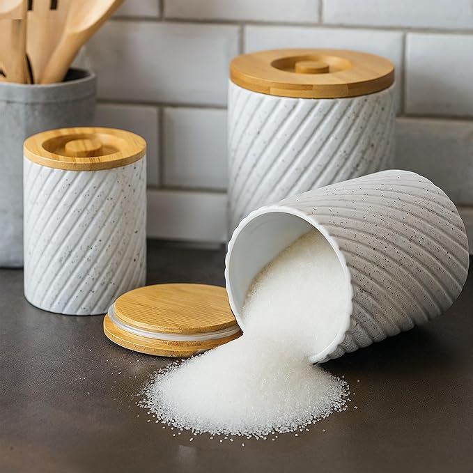 Ceramic Canister Set for Kitchen Countertop & Pantry – 3 Airtight Food Storage Containers for Flour, Sugar & More – Durable White Ceramic with Bamboo Lids-Ruum Studio Home