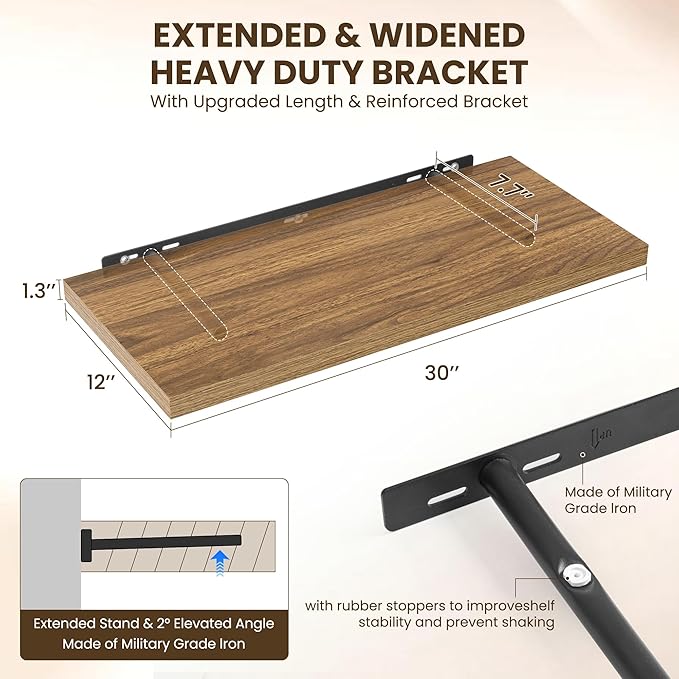 30" Floating Shelves for Wall, 12" Deep Slim Walnut Floating Shelves, Wall-Mounted Shelves for Bedroom, Living Room, Kitchen, Bathroom - Set of 2-Ruum Studio Home