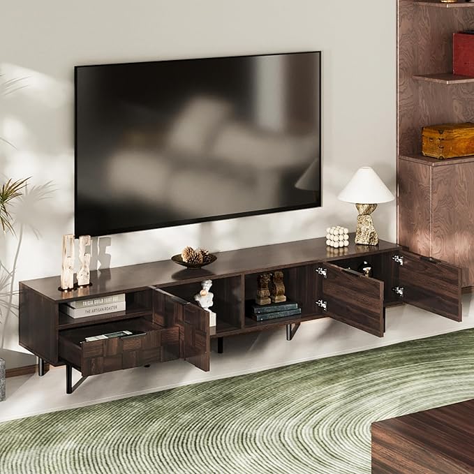 Modern TV Stand for TVs up to 85", Mid-Century Media Console with Checkered Cabinet Doors, Storage Drawers & Open Shelves, Wood Entertainment Center with Metal Legs-Ruum Studio Home