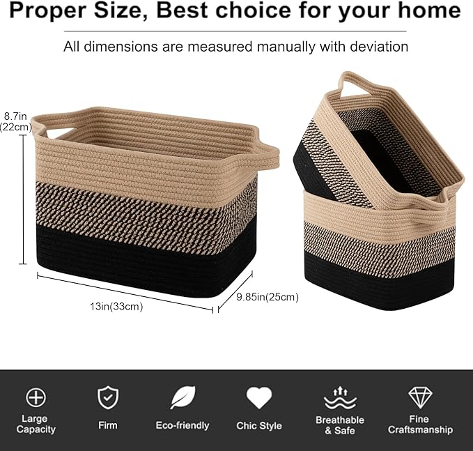 OIAHOMY Storage Basket, Woven Baskets for Storage, Cotton Rope Basket for toys,Towel Baskets for Bathroom - Pack of 3, Black & Brown-Ruum Studio Home