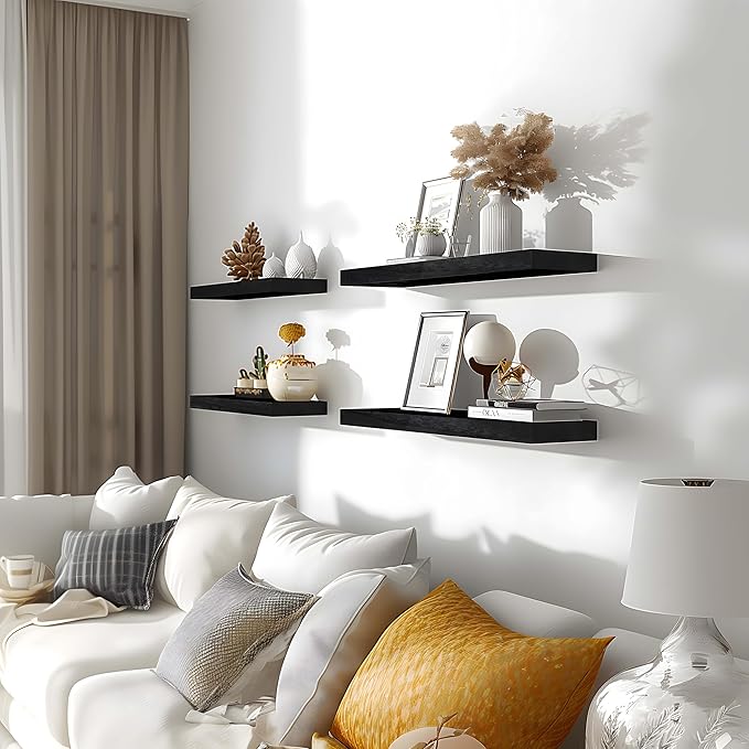 Black Wood Floating Shelves for Wall Rustic Wall Shelves for Bedroom Set of 6-Ruum Studio Home