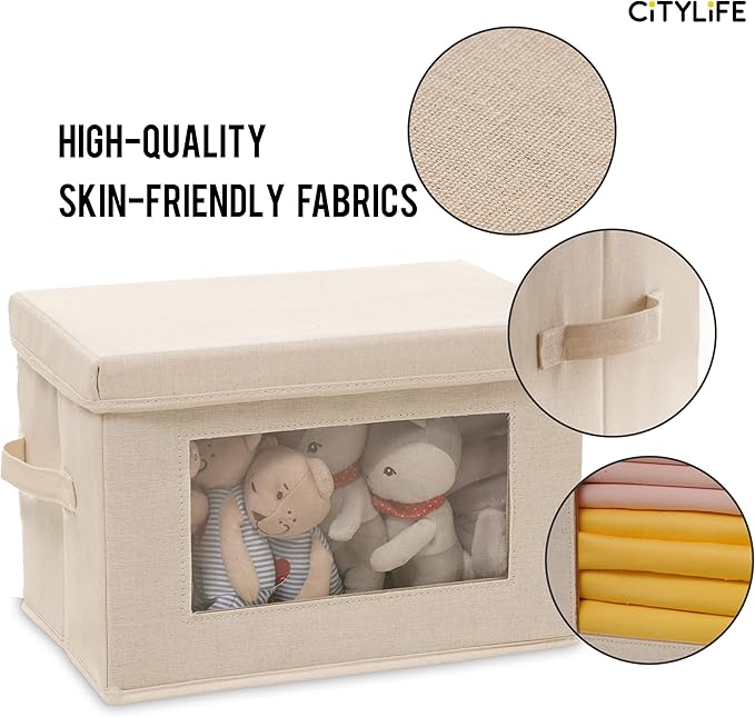 Citylife 3 Pack Storage Bins with Lids, Fabric Foldable Storage Bins with Soft Cord Handles, Canvas Storage Bin with Lid for Organizing Clothes, Blankets and Books, Beige-Ruum Studio Home