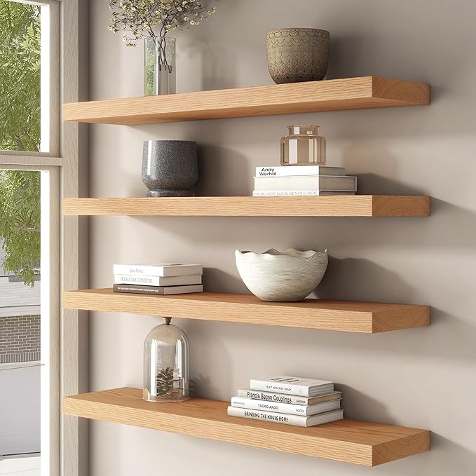 Floating Shelves for Wall, USA-Sourced Oak Wood 36 Inch Long Wall Shelves Set of 2, Natural Wooden Wall Mounted Picture Ledge Shelf, Nursery Book Storage Shelf Kids Bookshelf, Display Shelf-Ruum Studio Home