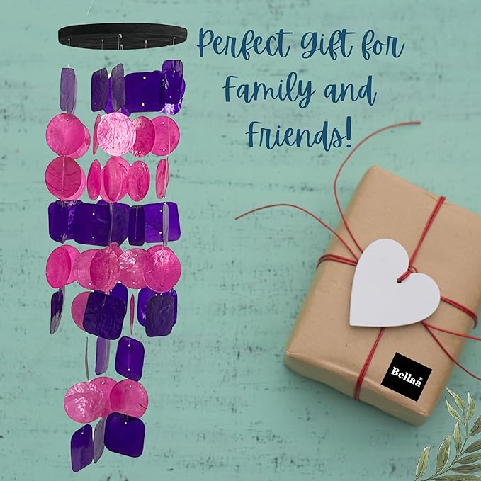 Bellaa 24841 Wind Chimes Outdoor, Garden Decorations, Musical, Indoor/Outside Windchimes, Beach, Ocean Breeze, Gifts for Mom, Gift for All Occasions, Capiz Sea Glass Shells Wood Pink Purple-Ruum Studio Home