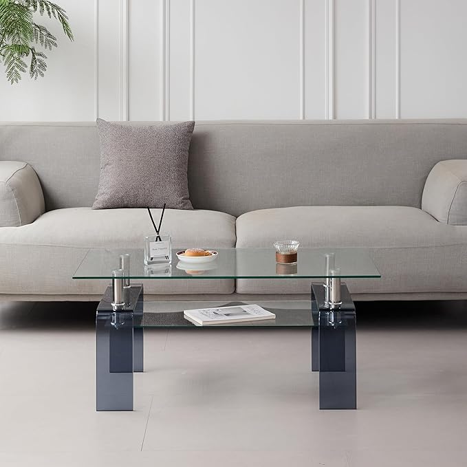 Glass Coffee Table Rectangle Living Room Center Table with Storage, Clear Tempered Glass Tabletop and Smoke Grey Leg,for Living Room and Office (Clear+Smoke)-Ruum Studio Home