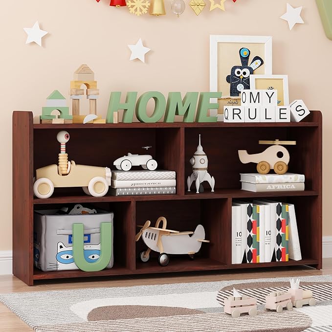 Book Shelf Set of 2, 5 Cubes Storage Organizer, Freestanding Cherry Bookshelf Cube Shelf for Bedroom, Living Room, Home Office, Open Bookshelf Wooden Bookcase-Ruum Studio Home