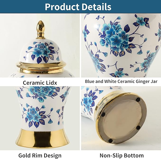 Ginger Jars for Home Decor, White and Gold Vase, Porcelain Ginger Jar Chinoiserie Blue and White Vase with Gold Trim and Floral Pattern, Ceramic Flower Vase for Home, Temple and Storage Jars(12in)-Ruum Studio Home