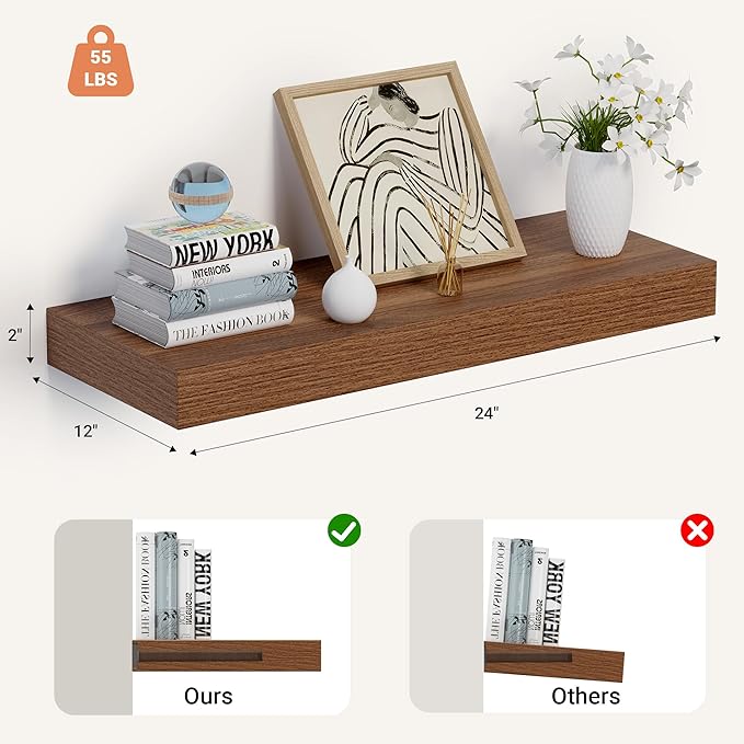 Heimlove 24 x 12 Inch Deep Floating Shelves Wall Mounted with Invisible Brackets,Storage Hanging Shelf for Wall Decor in Bathroom, Bedroom, Toilet, Kitchen, Living Room, Office Set of 1 (Walnut)-Ruum Studio Home