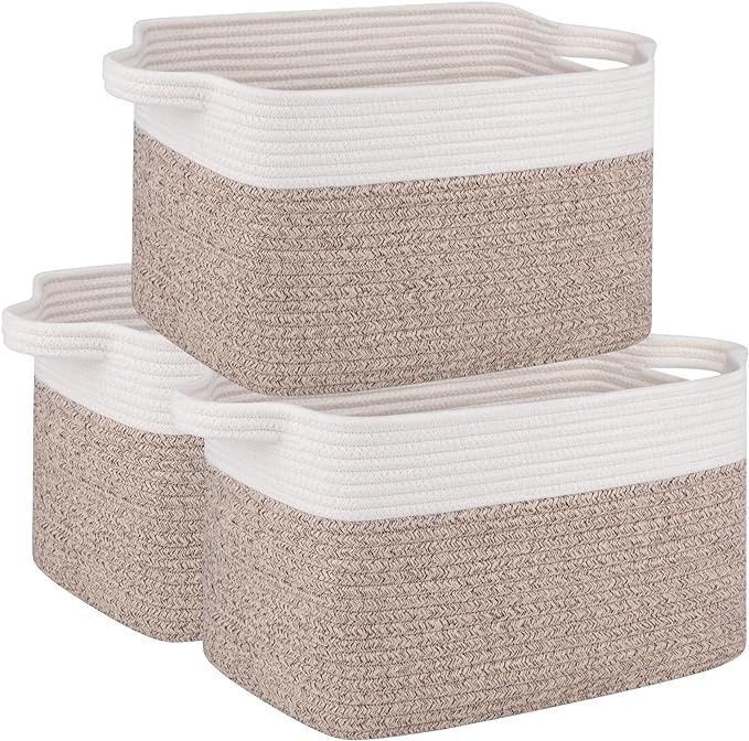 OIAHOMY 3 Pack Storage Baskets for Organizing, 13''X9.85''X8.7'' Storage Bins,Woven Basket with Handles, Toy Storage Bin,Stylish Room Decor Basket, white & Brown variegated-Ruum Studio Home