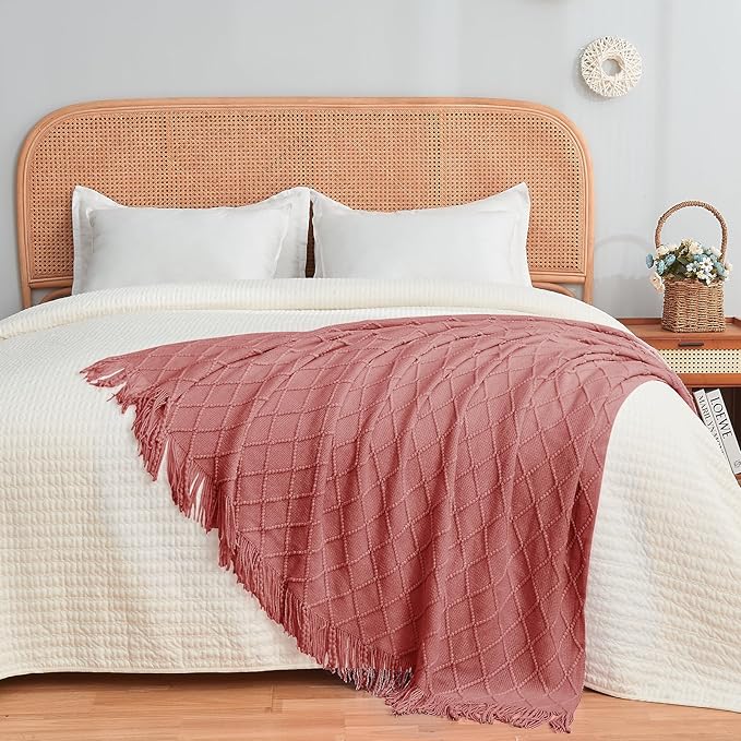 inhand Knitted Throw Blankets for Couch and Bed, Soft Cozy Knit Blanket with Tassel, Coral Pink Lightweight Decorative Blankets and Throws, Farmhouse Warm Woven Blanket for Men and Women, 60"x80"-Ruum Studio Home