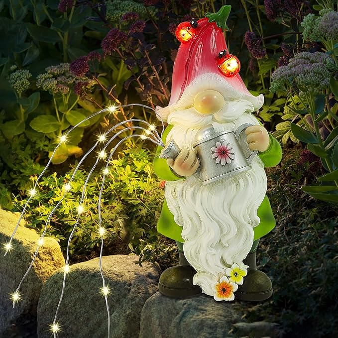 Joliyoou Solar Garden Statue Outdoor Decor, 10.2" H Resin Gnome with Watering Can & Solar Fairy Lights, Waterproof Standing Gnome Figurine for Lawn Yard Pathway Patio Front Door Decoration-Ruum Studio Home