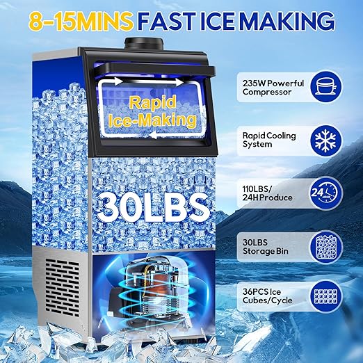 Commercial Ice Maker Machine, 110Lbs/24H, 30Lbs Storage, 36Pcs Clear Ice Cubes in 10-15Mins, Stainless Steel Under Counter or Freestanding Ice Machine - 2 Water Inlet Modes, for Home Party Office-Ruum Studio Home