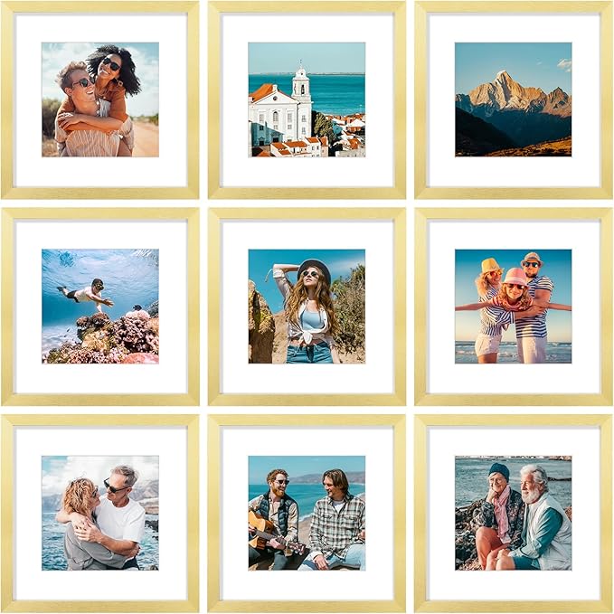 Vittanly 12x12 Picture Frames Set of 9, Shatter Resistant Plexiglass, Display 8x8 Pictures with Mat or 12x12 without Mat, Photo Frames for Wall Mount, Engineered Wood, Gold-Ruum Studio Home