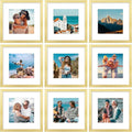 Vittanly 12x12 Picture Frames Set of 9, Shatter Resistant Plexiglass, Display 8x8 Pictures with Mat or 12x12 without Mat, Photo Frames for Wall Mount, Engineered Wood, Gold-Ruum Studio Home